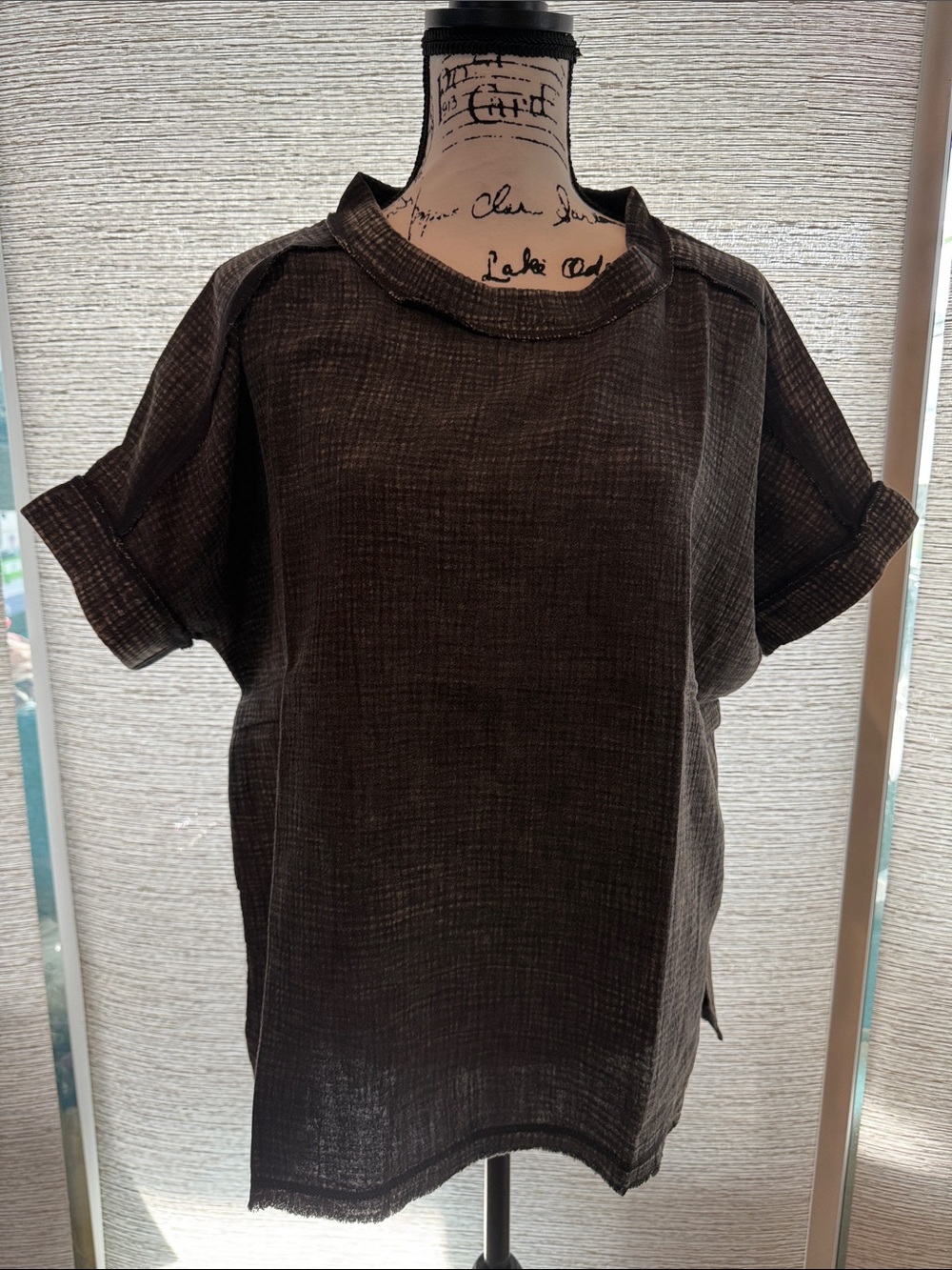 Zenana Boutique Oversized Acid Wash Round Neck Textured Top in Ash Black